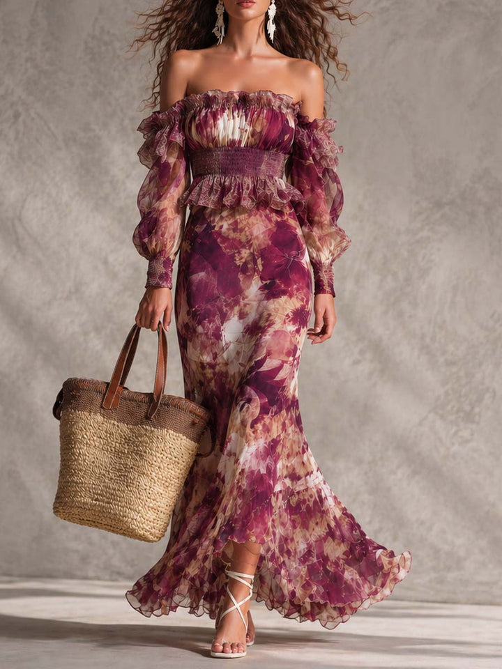 Rosanne™ | Robe Maxi en Mousseline, Épaules Dénudées, Rose Pâle Fleurie