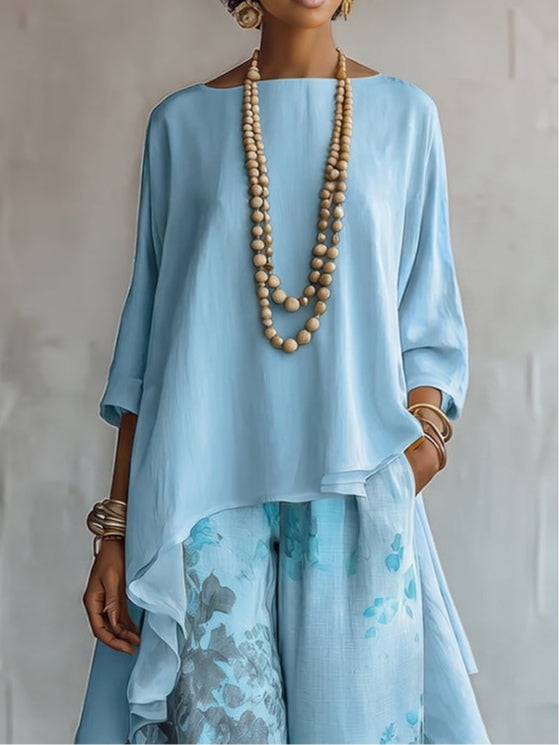Ensemble Haut Asymétrique Bleu et Pantalon Large Fleuri