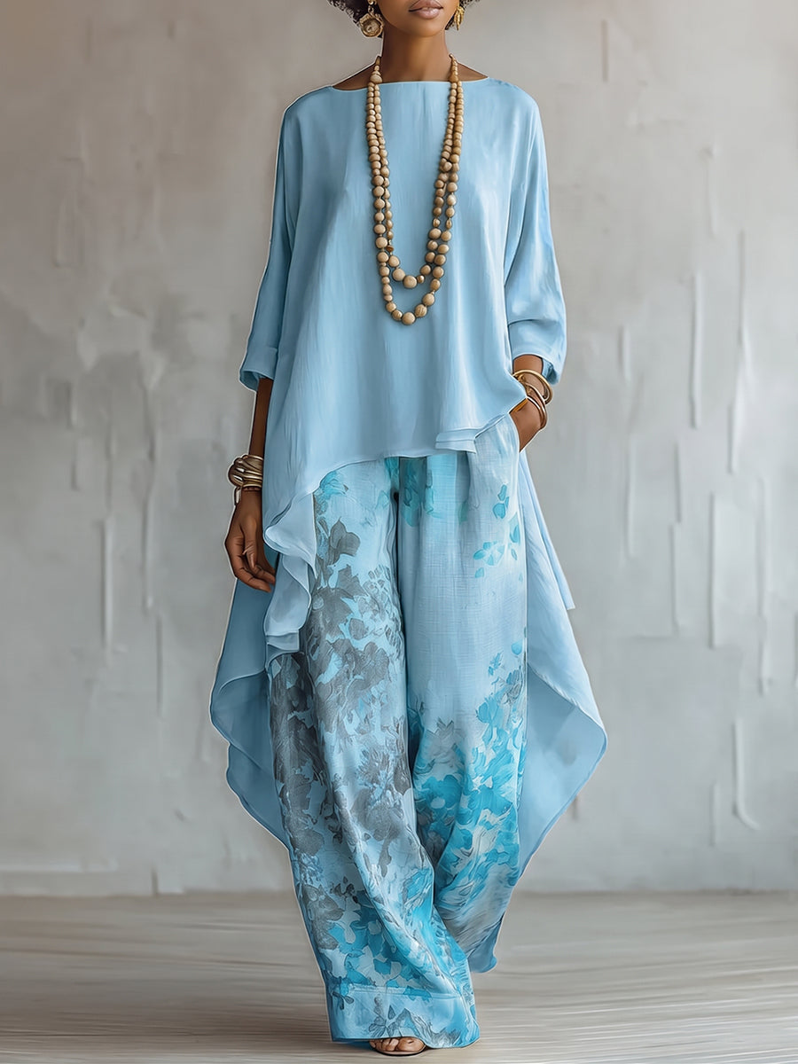 Ensemble Haut Asymétrique Bleu et Pantalon Large Fleuri