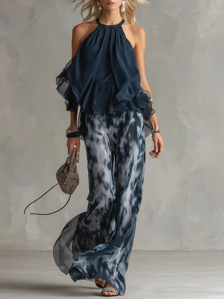 Ensemble Haut Dos Nu Bleu Marine et Pantalon Large Imprimé en Mousseline