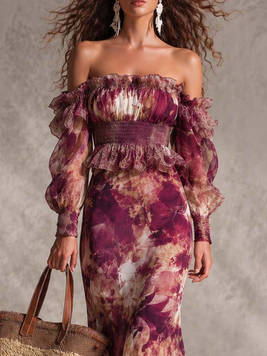 Rosanne™ | Robe Maxi en Mousseline, Épaules Dénudées, Rose Pâle Fleurie