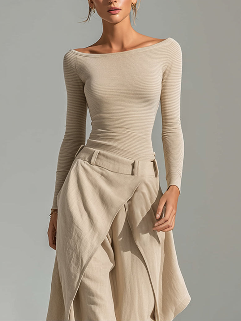 Juliette | Haut Beige Col Bateau et Ensemble Pantalon Large à Superpositions