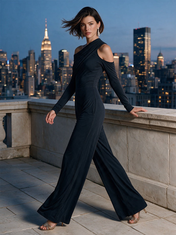 Élodie | Combinaison Monoépaule Noire de Soirée avec Pantalon Large