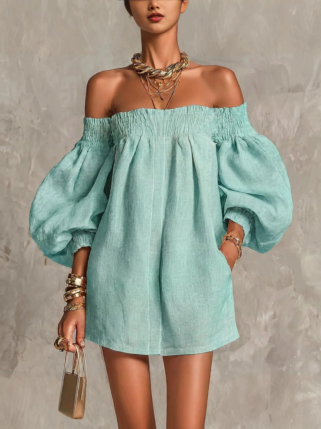 Rosaline | Mini Robe Épaules Dénudées à Manches Bouffantes