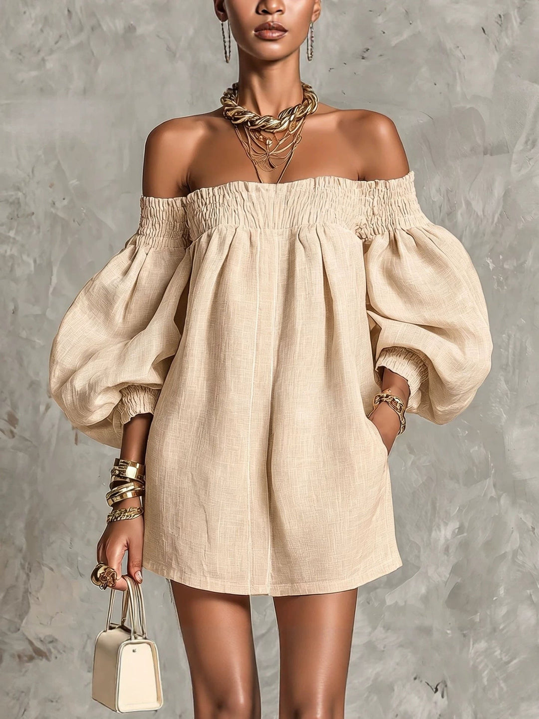 Rosaline | Mini Robe Épaules Dénudées à Manches Bouffantes