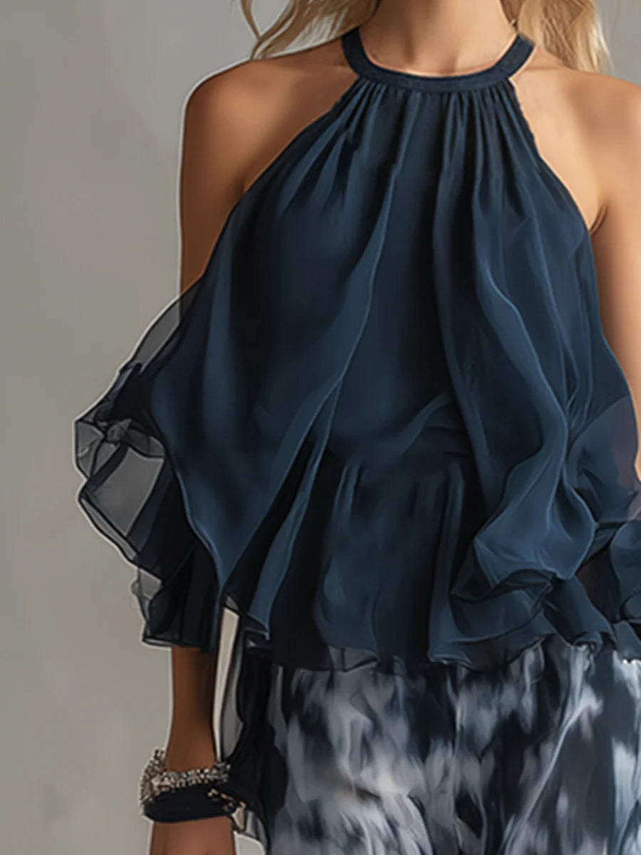 Ensemble Haut Dos Nu Bleu Marine et Pantalon Large Imprimé en Mousseline