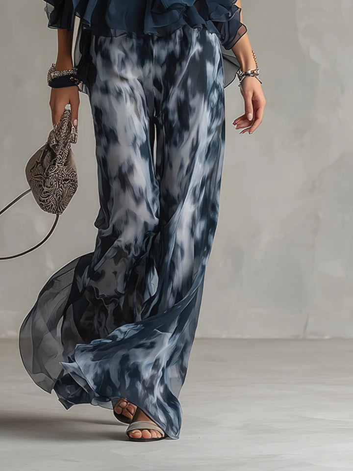 Ensemble Haut Dos Nu Bleu Marine et Pantalon Large Imprimé en Mousseline