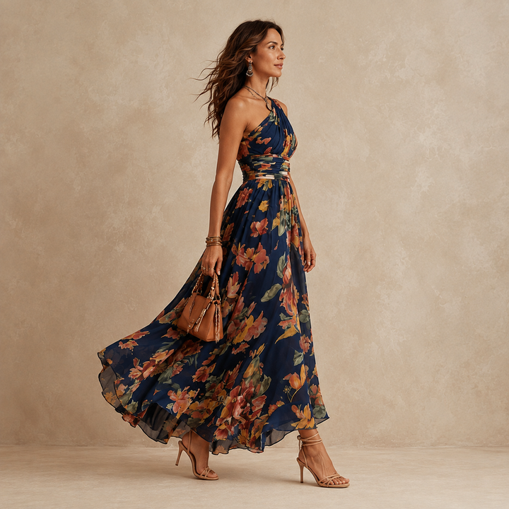 Celeste | Robe Longue Fleurie à Épaule Asymétrique