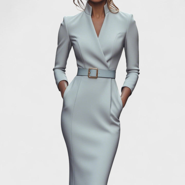 Robe Élégante Femme avec Ceinture et Col Mao