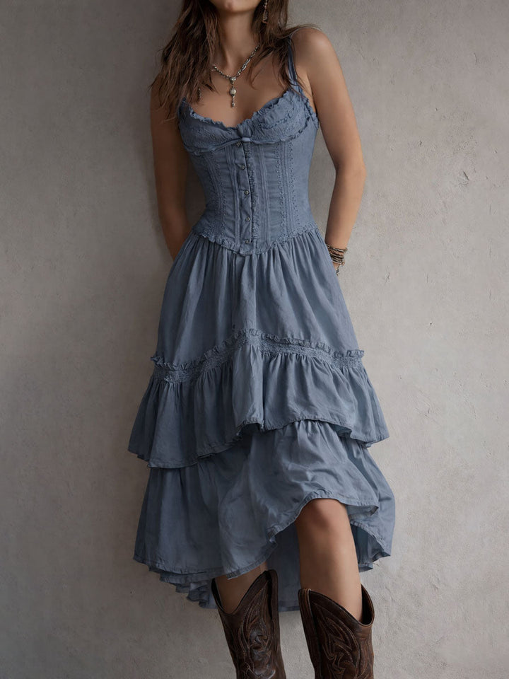 Robe midi bohème rétro à corset, volants superposés et bordure en dentelle