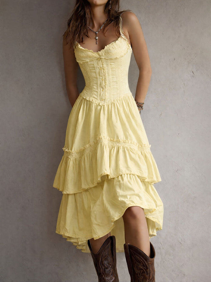 Robe midi bohème rétro à corset, volants superposés et bordure en dentelle