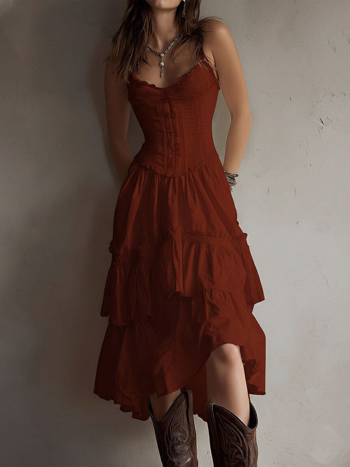 Robe midi bohème rétro à corset, volants superposés et bordure en dentelle
