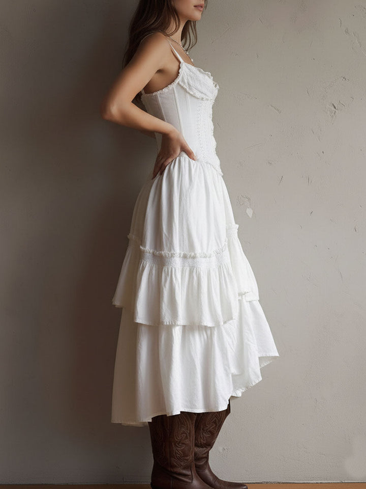 Robe midi bohème rétro à corset, volants superposés et bordure en dentelle