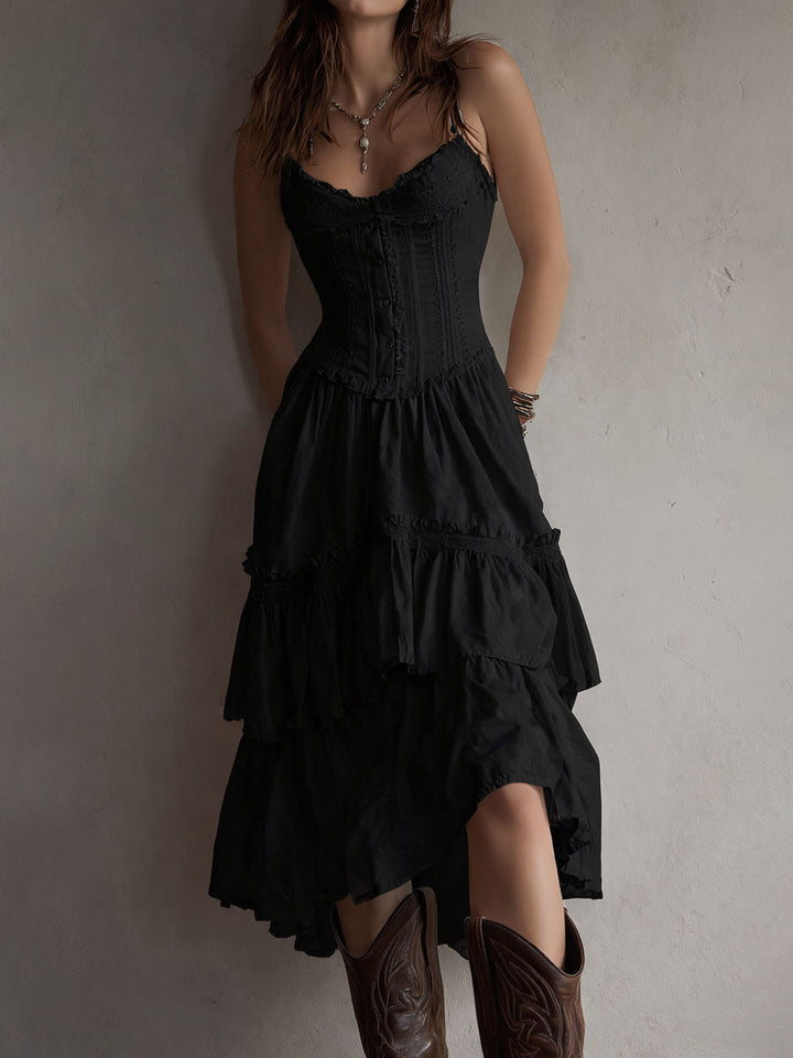Robe midi bohème rétro à corset, volants superposés et bordure en dentelle