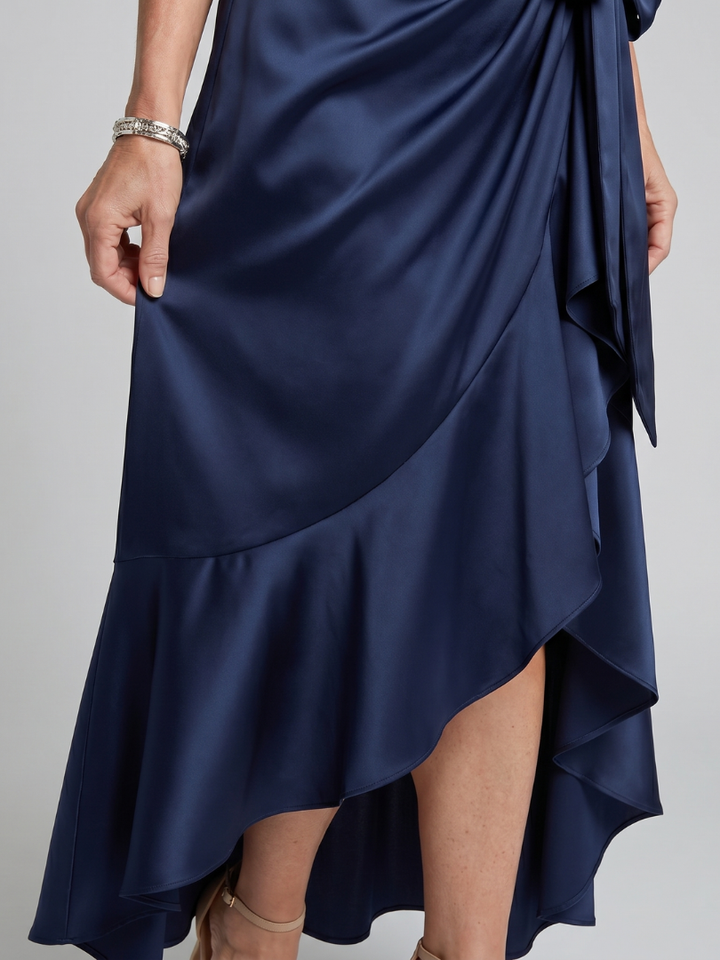 Honora | Robe Midi Portefeuille à Col Halter et Ourlet Asymétrique