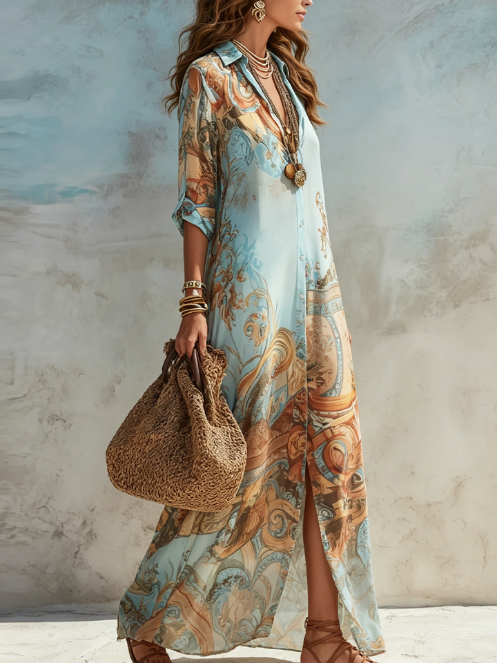 Robe longue en mousseline bleue à motifs floraux, style baroque
