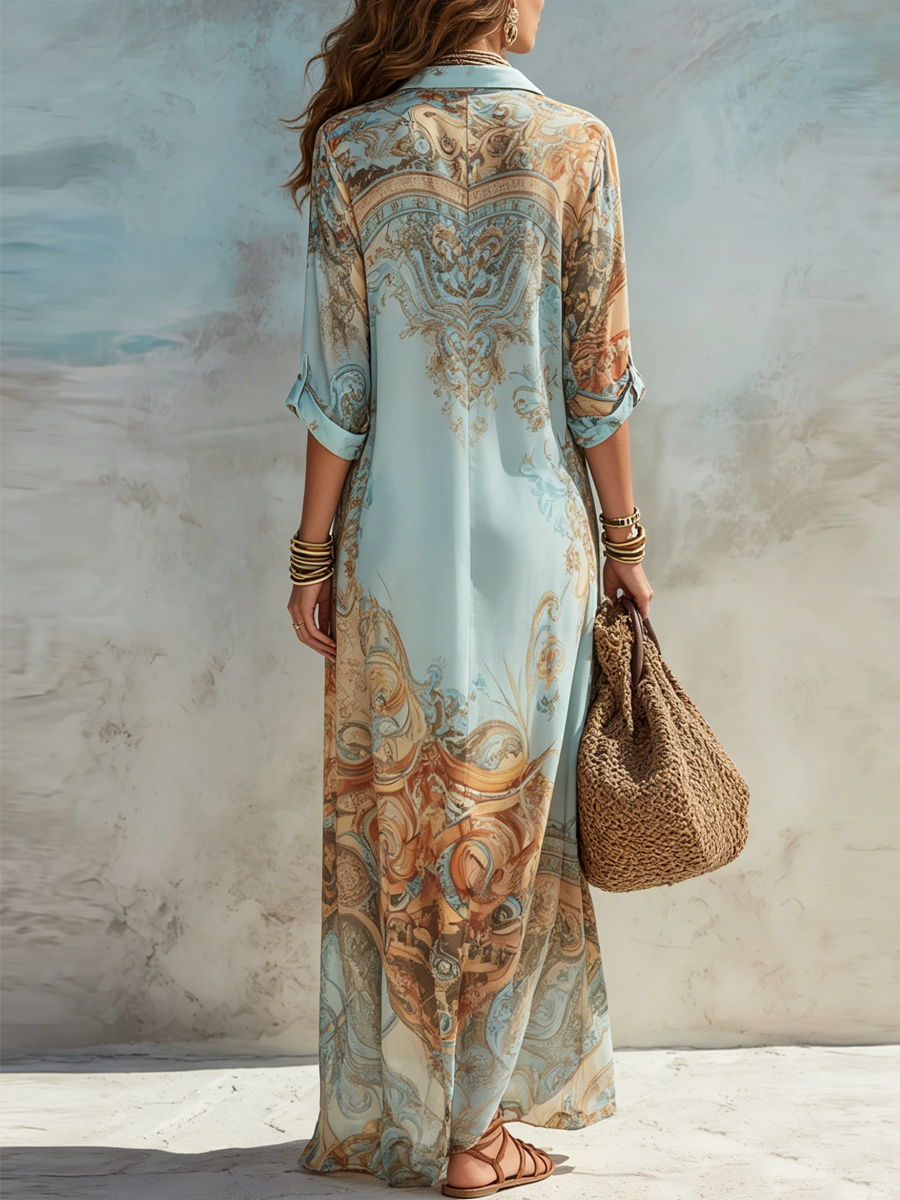 Robe longue en mousseline bleue à motifs floraux, style baroque