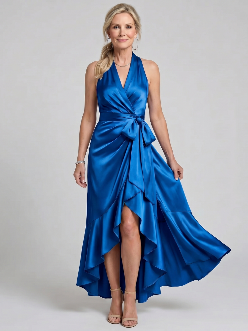Honora | Robe Midi Portefeuille à Col Halter et Ourlet Asymétrique