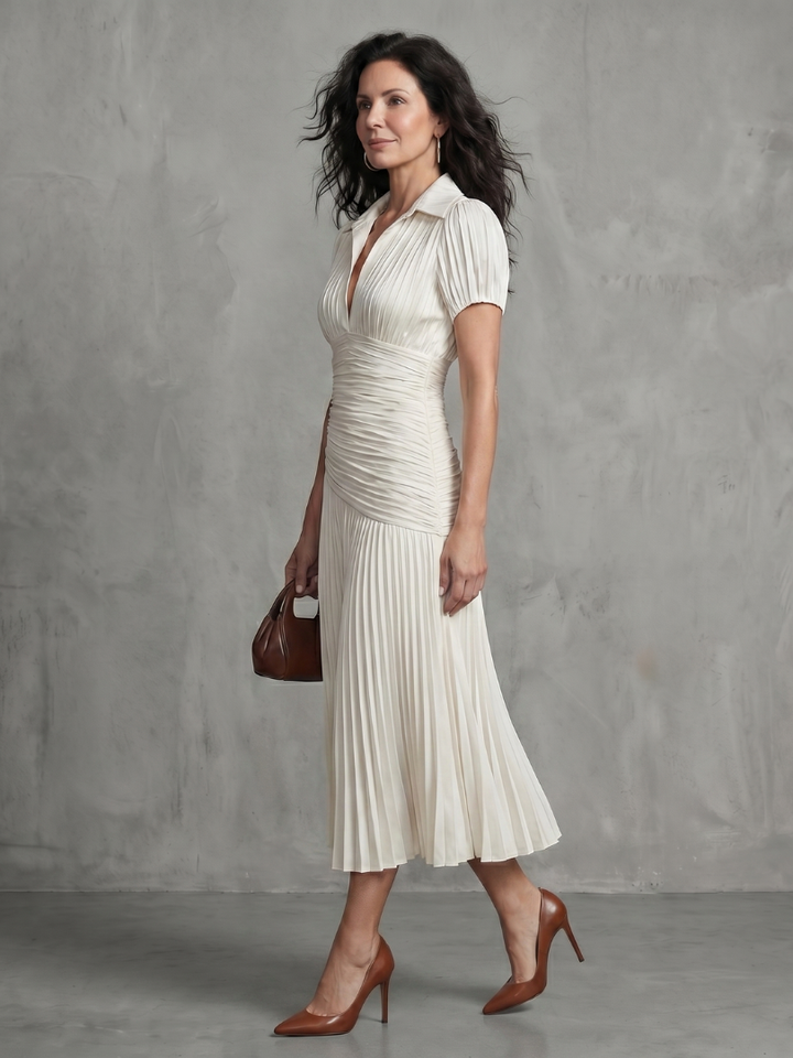 Theodora | Robe Midi Rayée à Taille Plissée