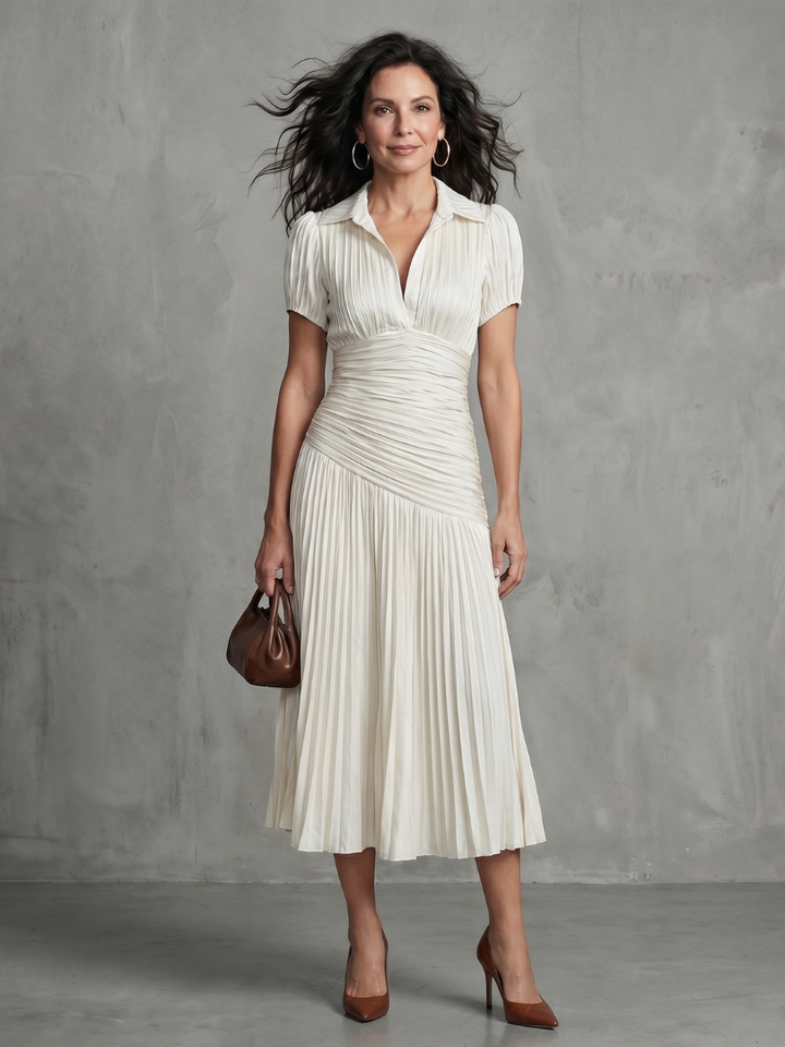 Theodora | Robe Midi Rayée à Taille Plissée