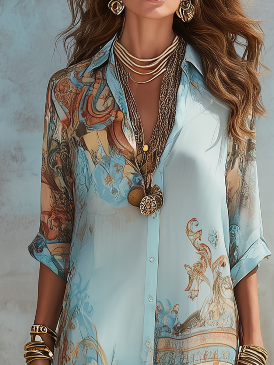 Robe longue en mousseline bleue à motifs floraux, style baroque