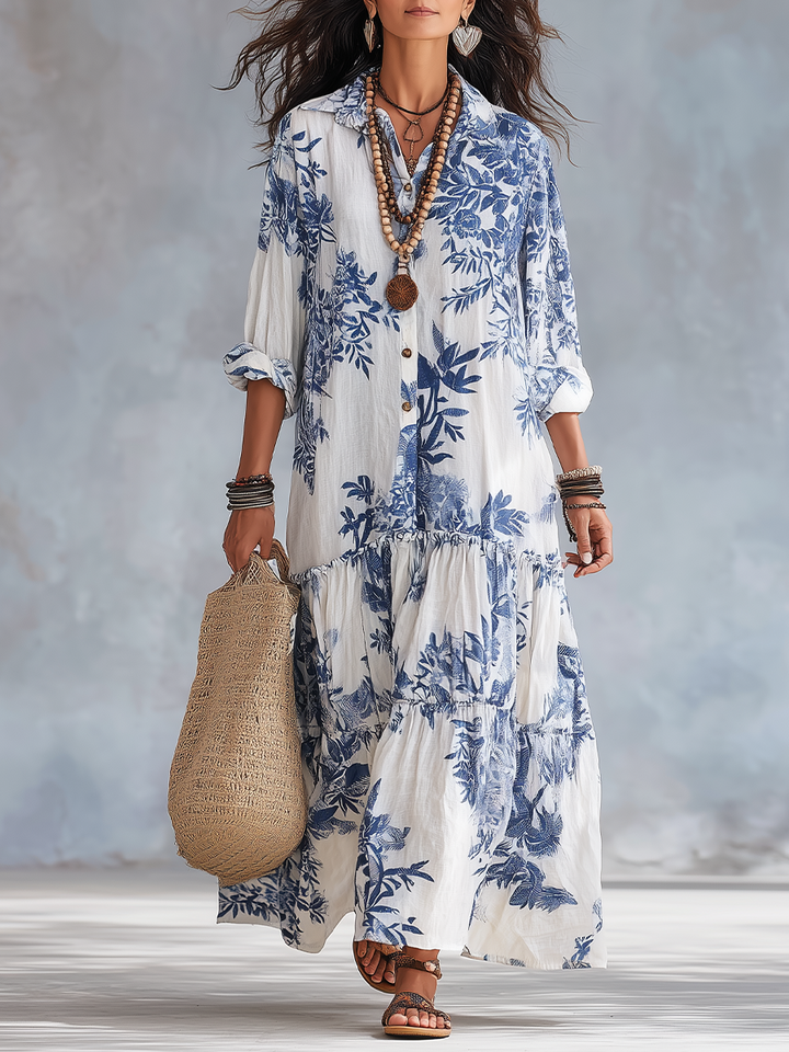 Robe longue bohème bleue à motifs floraux boutonnée