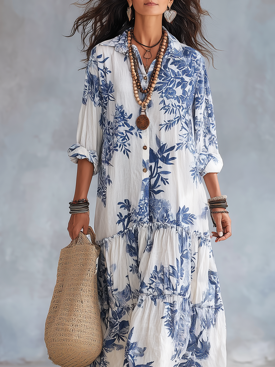 Robe longue bohème bleue à motifs floraux boutonnée