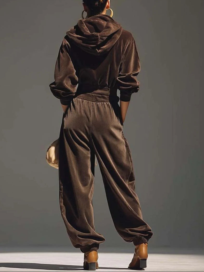 Ensemble Vintage en Velours Sweat à Capuche et Pantalon Ample (Ceinture Incluse)