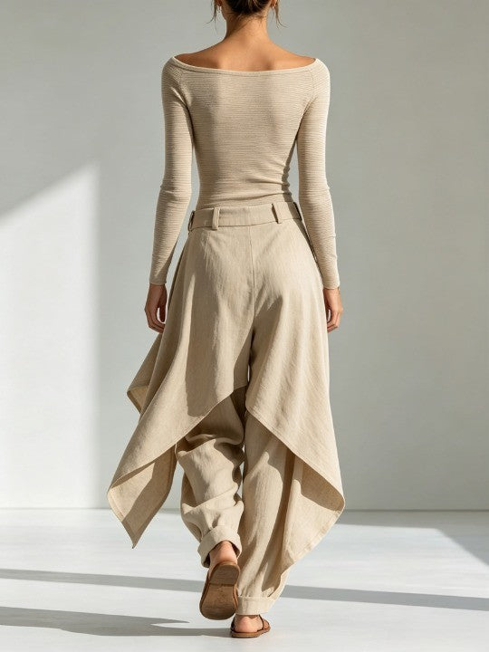 Juliette | Haut Beige Col Bateau et Ensemble Pantalon Large à Superpositions