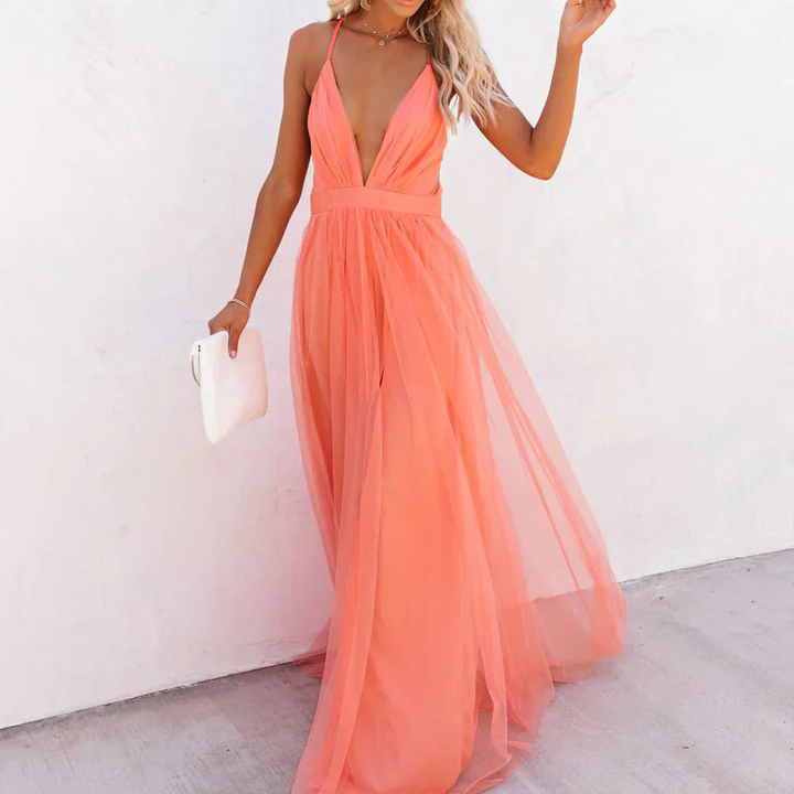 Robe Maxi en Lumière Corail - Ginevra, Élégance Inégalée
