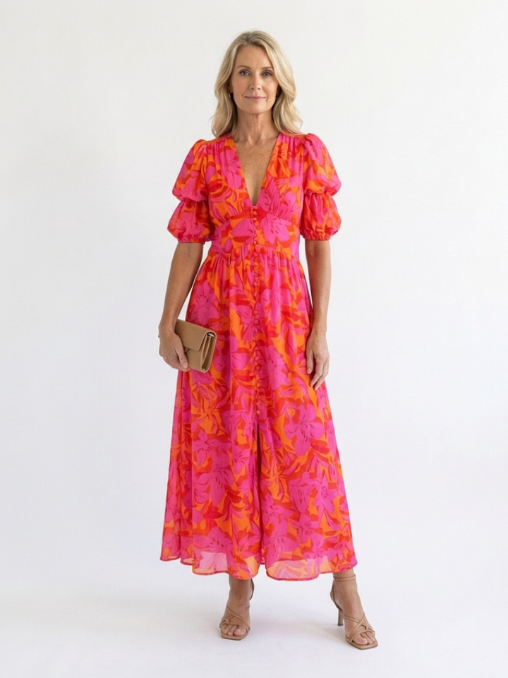 Willow | Robe Midi Fleurie à Col en V et Manches Bouffantes