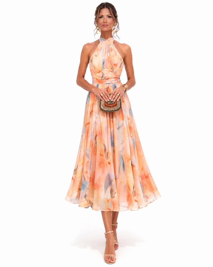 Robe Halter en Soie Imprimée Aquarelle - Collection Aurora