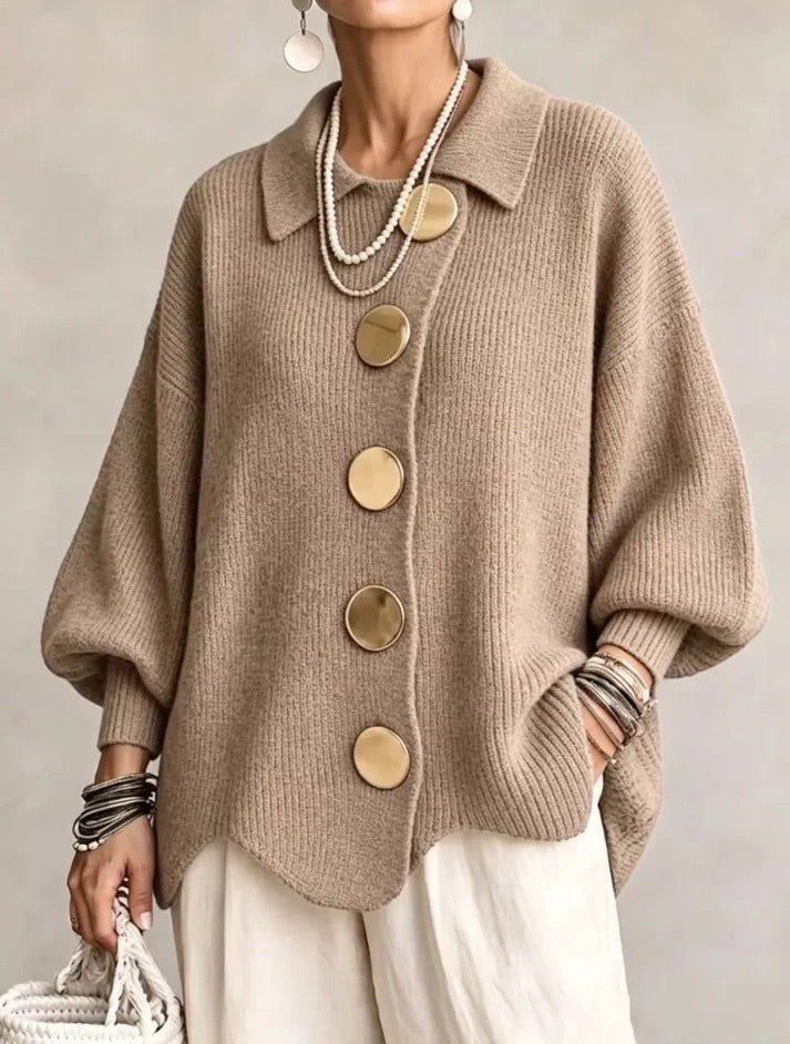 Karina | Cardigan Oversize à Col et Boutons – Kaki