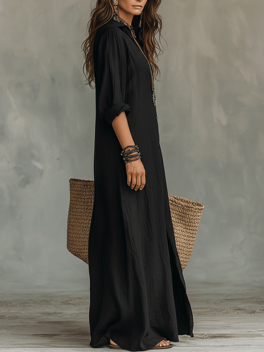 Robe longue chemise bohème noire boutonnée sur le devant