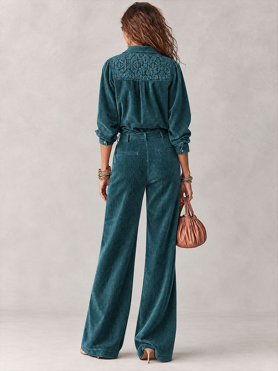 Ensemble Bohème Chemise en Velours Côtelé à Dentelle et Pantalon Large