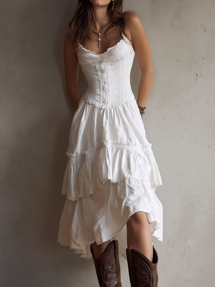 Robe midi bohème rétro à corset, volants superposés et bordure en dentelle