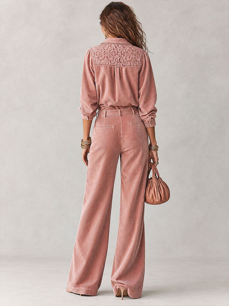 Ensemble Bohème Chemise en Velours Côtelé à Dentelle et Pantalon Large