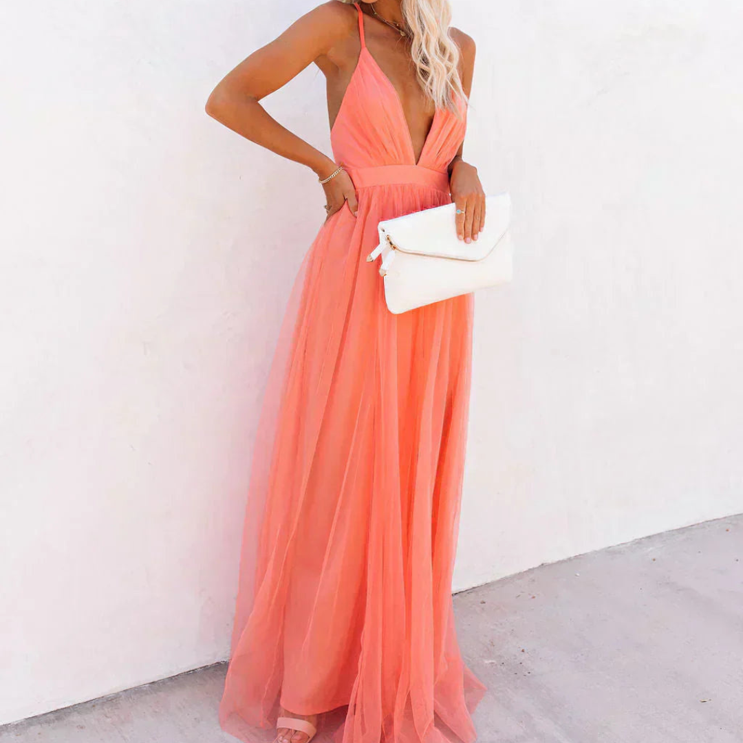 Robe Maxi en Lumière Corail - Ginevra, Élégance Inégalée