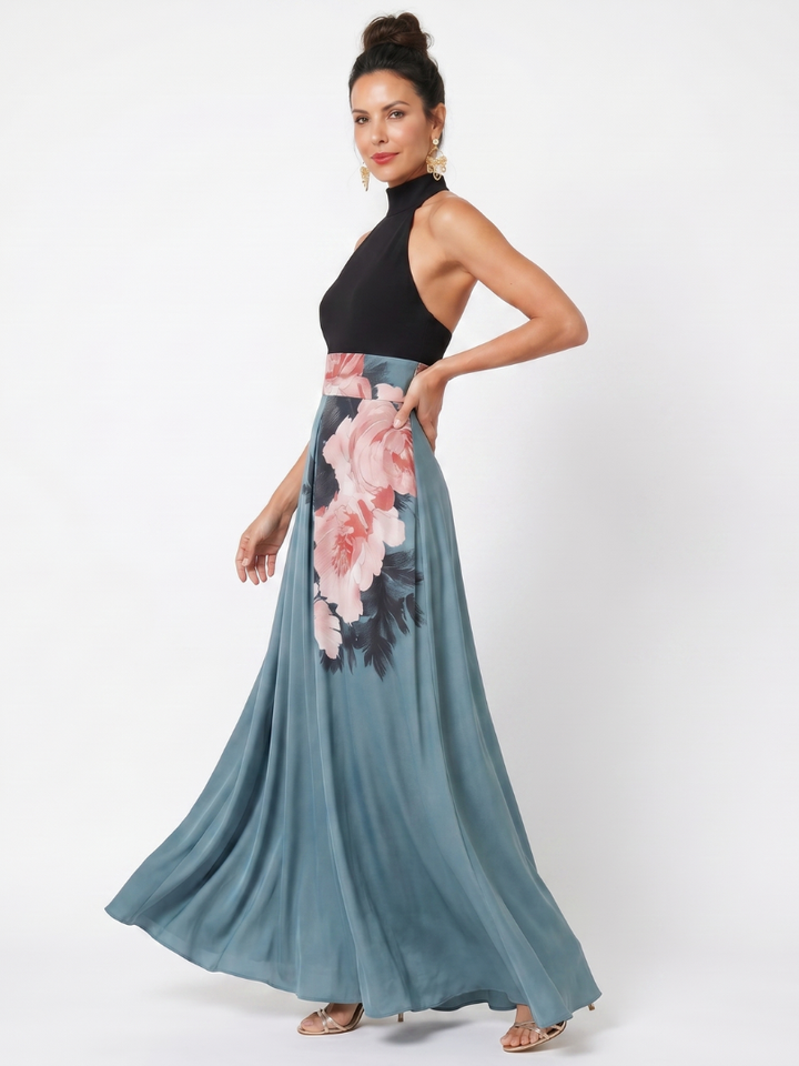 Olympas | Robe Longue à Col Halter et Jupe Fleurie