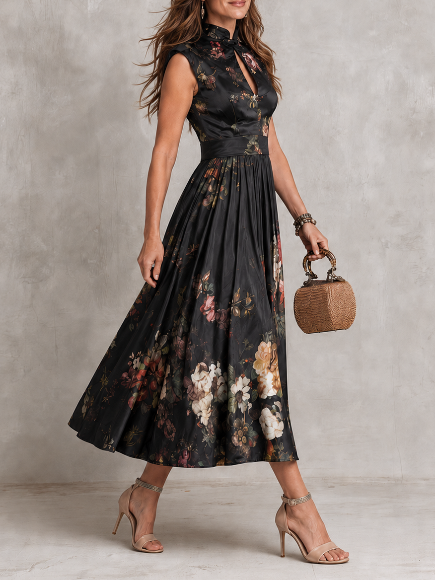 Mia | Robe Midi Satinée Plissée à Col Goutte