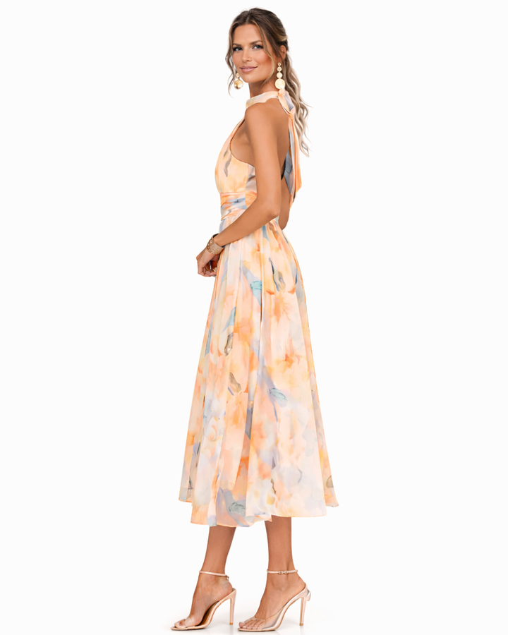 Robe Halter en Soie Imprimée Aquarelle - Collection Aurora