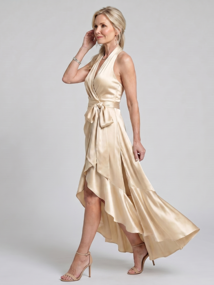 Honora | Robe Midi Portefeuille à Col Halter et Ourlet Asymétrique