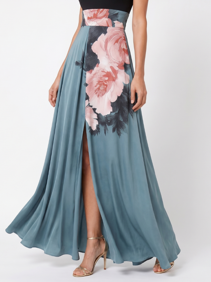 Olympas | Robe Longue à Col Halter et Jupe Fleurie
