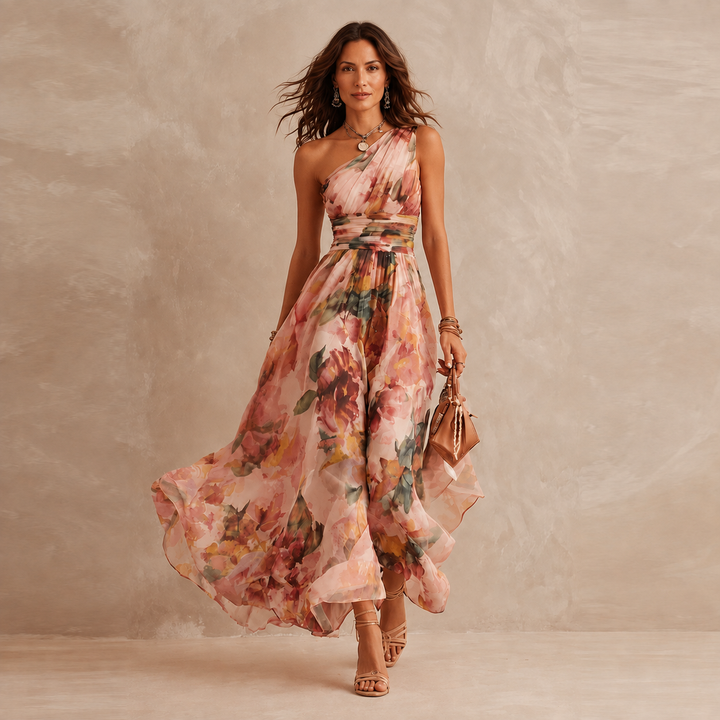 Celeste | Robe Longue Fleurie à Épaule Asymétrique