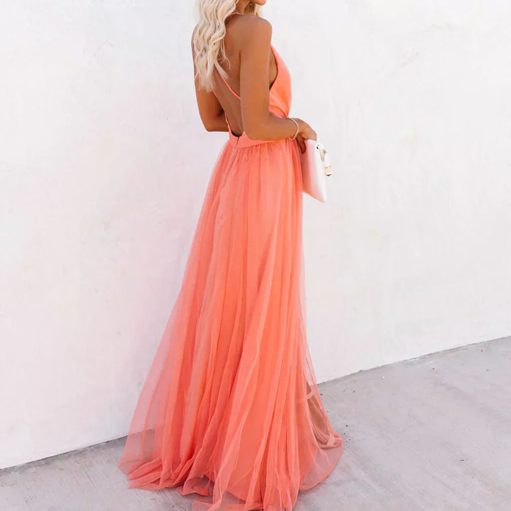 Robe Maxi en Lumière Corail - Ginevra, Élégance Inégalée