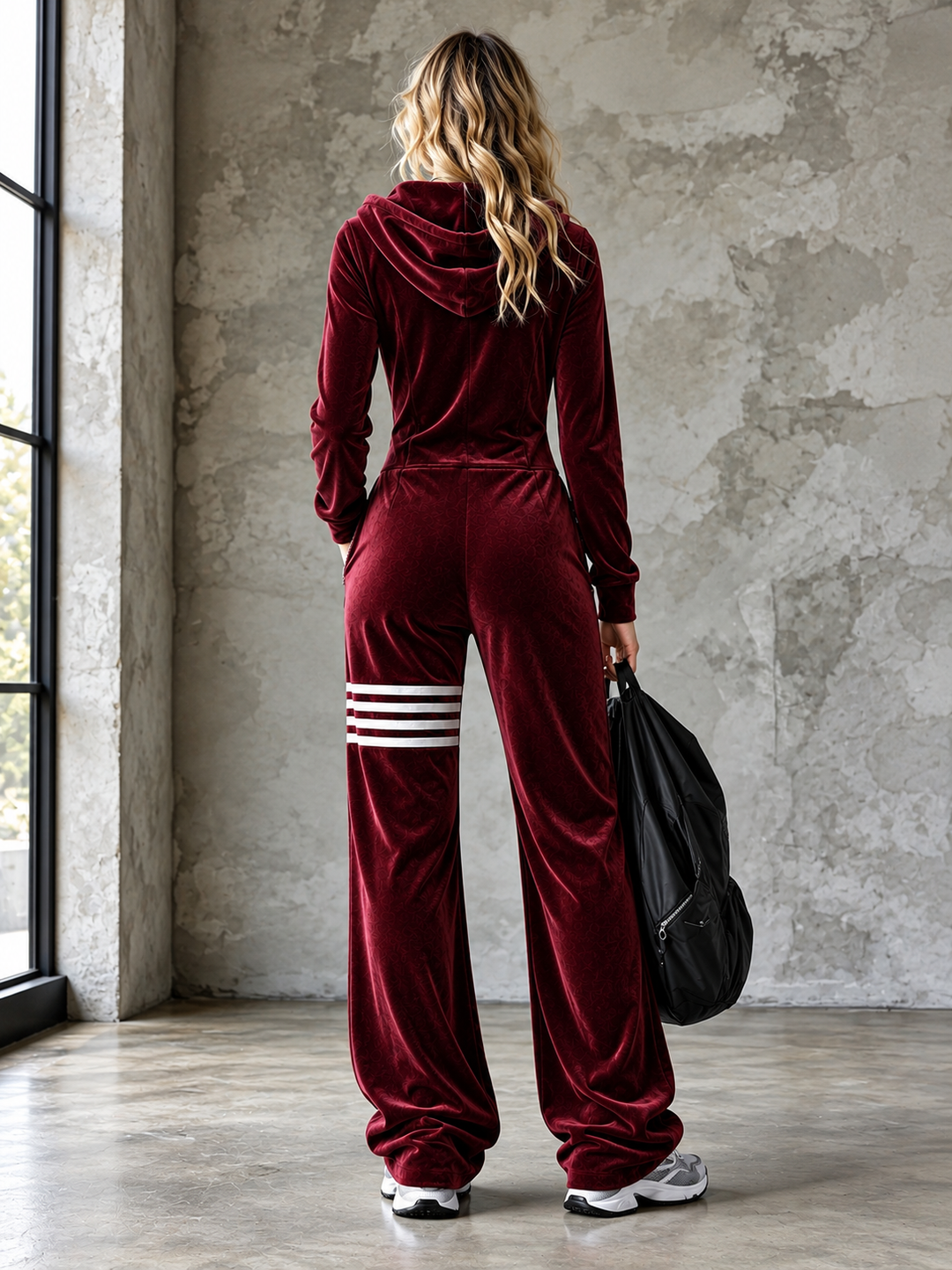 Combinaison Pantalon Large en Velours à Capuche et Zip