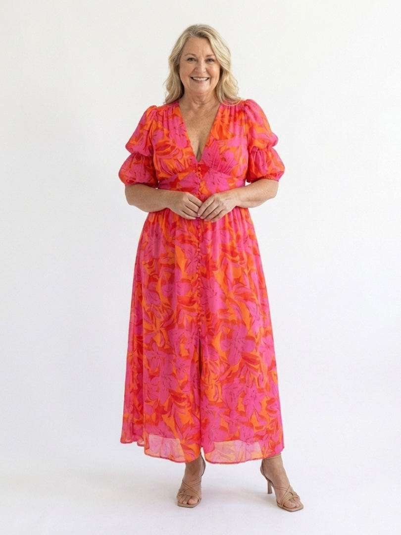 Willow | Robe Midi Fleurie à Col en V et Manches Bouffantes