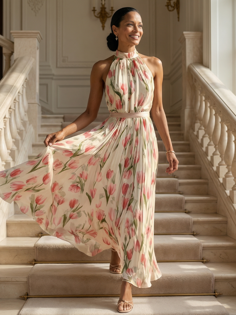 Maison Élise | Robe Midi à Col Halter à Fleurs Aurelle