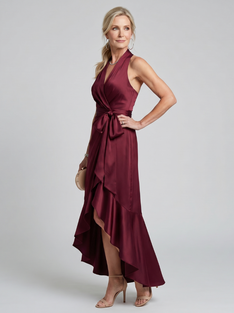 Honora | Robe Midi Portefeuille à Col Halter et Ourlet Asymétrique