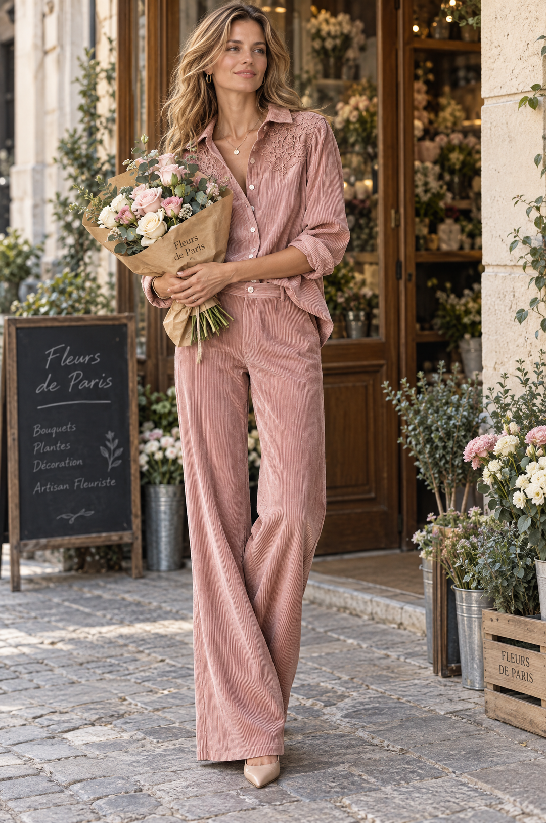 Ensemble Bohème Chemise en Velours Côtelé à Dentelle et Pantalon Large